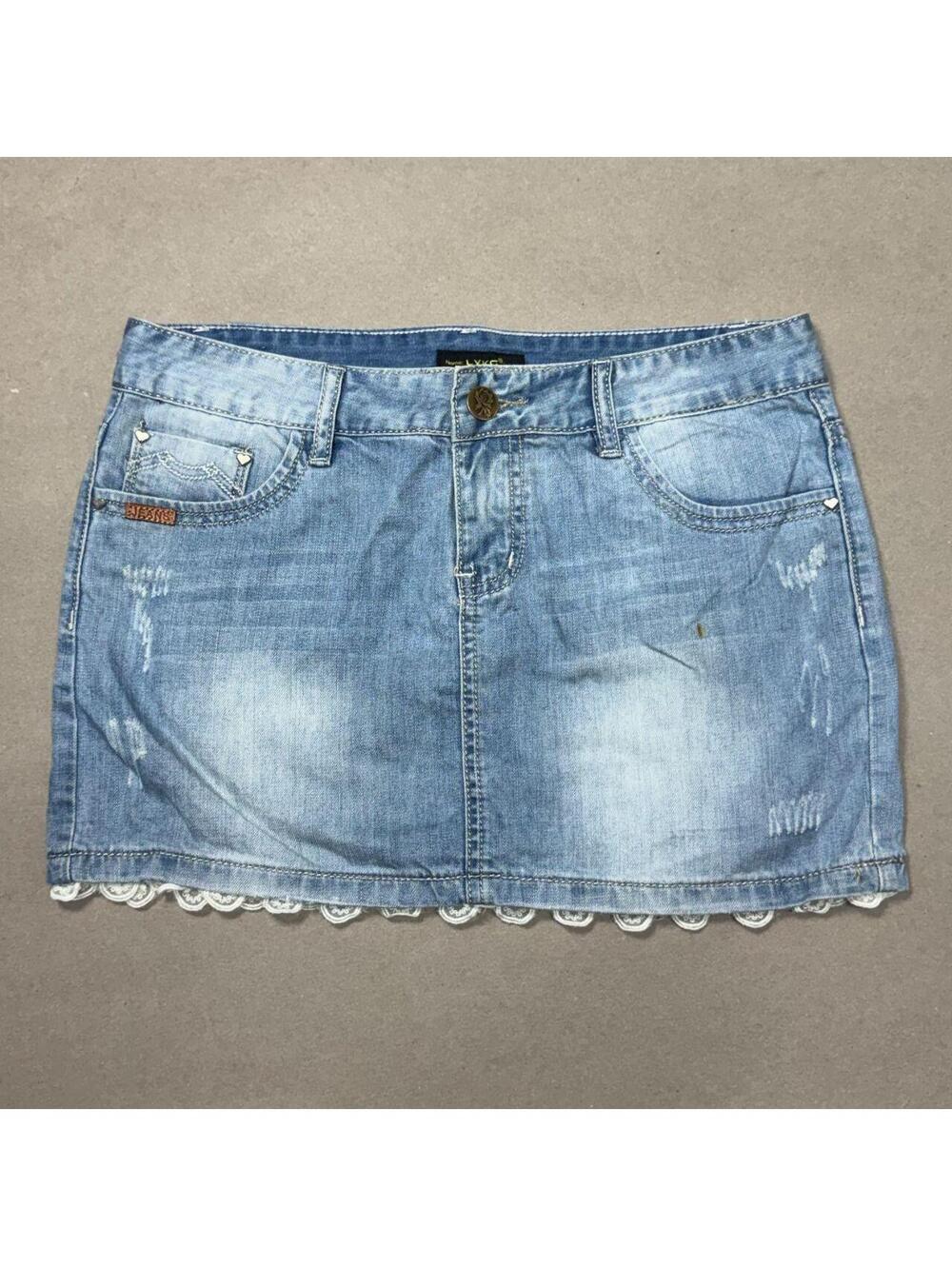 Vintage Y2K Denim Micro Mini Skirt Low Rise Faded Lace Hem